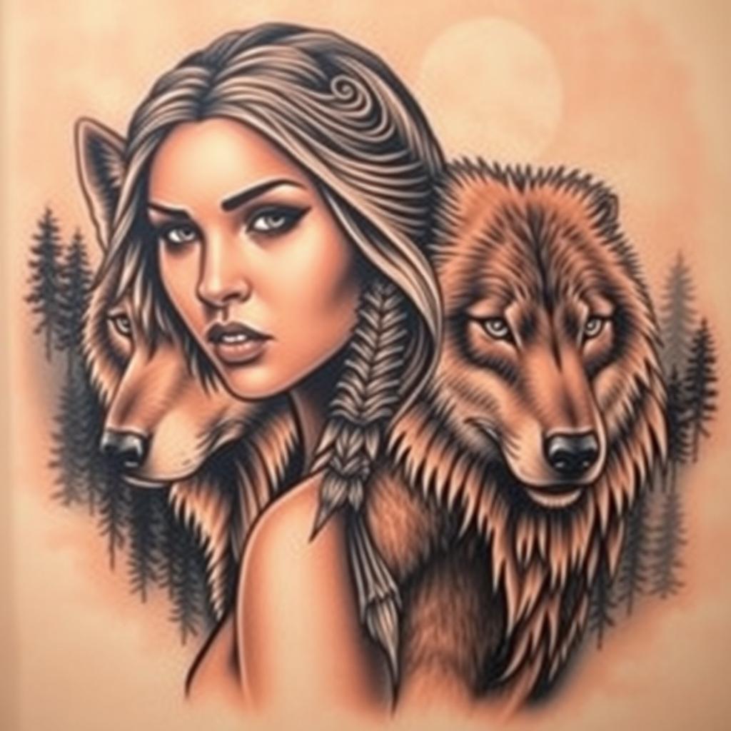 A striking tattoo design featuring the seductive face of a Native American Indian woman, her captivating gaze exuding confidence and allure