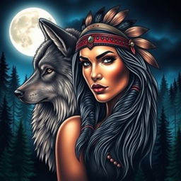 A striking tattoo design featuring the seductive face of a Native American Indian woman, her captivating gaze exuding confidence and allure