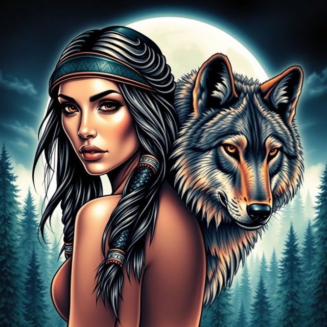 A striking tattoo design featuring the seductive face of a Native American Indian woman, her captivating gaze exuding confidence and allure