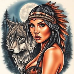 A striking tattoo design featuring the seductive face of a Native American Indian woman, her captivating gaze exuding confidence and allure