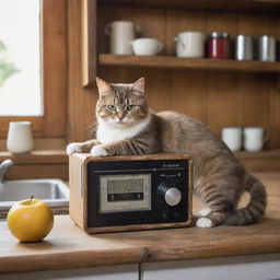 An adorable cat playfully interacting with a vintage audio player in a rustic, tidy kitchen