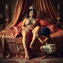 A beautiful and voluptuous Indian queen, sensually reclining on a grand bed embellished with luxurious fabrics