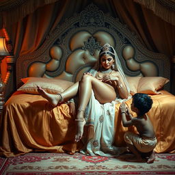 A beautiful and voluptuous Indian queen, sensually reclining on a grand bed embellished with luxurious fabrics