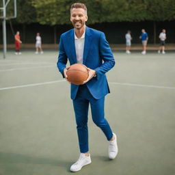 A wealthy man in sophisticated casual sportswear, adeptly dribbling a basketball on a high-end court, all the while delightfully chewing on a gourmet burger.