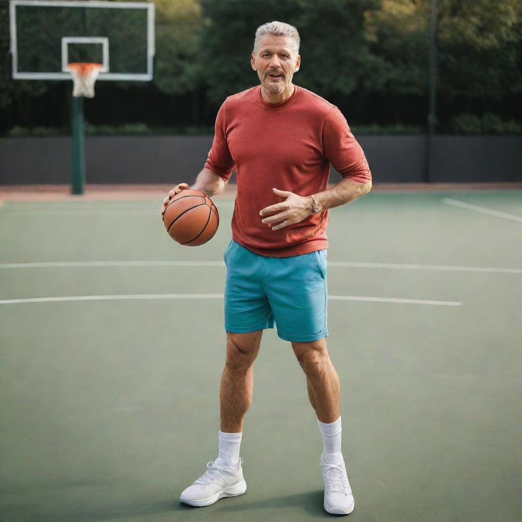 A wealthy man in sophisticated casual sportswear, adeptly dribbling a basketball on a high-end court, all the while delightfully chewing on a gourmet burger.