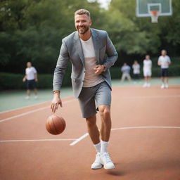 A wealthy man in sophisticated casual sportswear, adeptly dribbling a basketball on a high-end court, all the while delightfully chewing on a gourmet burger.