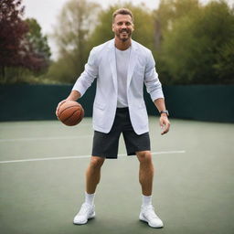 A wealthy man in sophisticated casual sportswear, adeptly dribbling a basketball on a high-end court, all the while delightfully chewing on a gourmet burger.