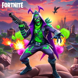 An action-packed Fortnite thumbnail featuring the Ghoul Trooper, a zombie-inspired character in a stylish, vibrant outfit with vibrant green and purple accents