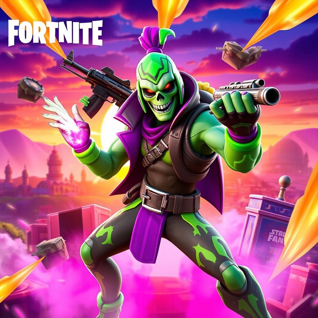 An action-packed Fortnite thumbnail featuring the Ghoul Trooper, a zombie-inspired character in a stylish, vibrant outfit with vibrant green and purple accents