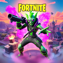 An action-packed Fortnite thumbnail featuring the Ghoul Trooper, a zombie-inspired character in a stylish, vibrant outfit with vibrant green and purple accents