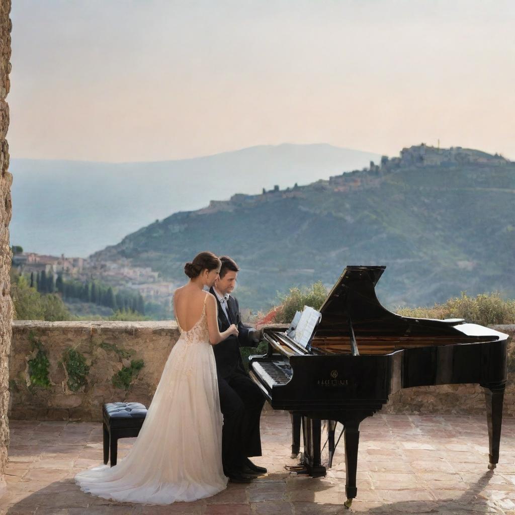 Turn the image into a deeply romantic scene. The couple, aged 28, are now intimately engaging with each other, sharing a bond over the piano keys. The backdrop is an enchantingly aesthetic Italian vista. Everything radiates beauty, charm, and romanticism, with an Italian essence.