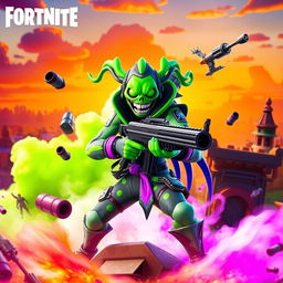 An action-packed Fortnite thumbnail featuring the Ghoul Trooper, a zombie-inspired character in a stylish, vibrant outfit with vibrant green and purple accents