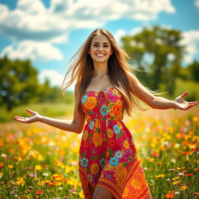 A stunning young woman with long flowing hair, wearing a vibrant summer dress that accentuates her figure