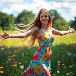 A stunning young woman with long flowing hair, wearing a vibrant summer dress that accentuates her figure