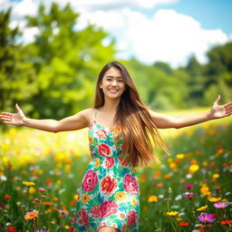 A stunning young woman with long flowing hair, wearing a vibrant summer dress that accentuates her figure