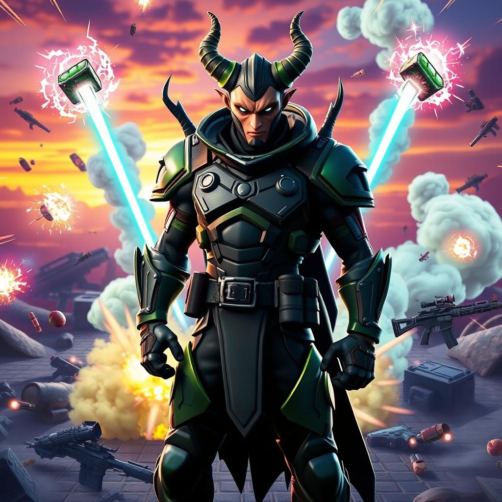 An eye-catching Fortnite thumbnail featuring the Demonio Militar skin, a menacing character clad in sleek, tactical armor with dark green and black accents