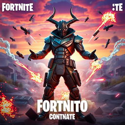 An eye-catching Fortnite thumbnail featuring the Demonio Militar skin, a menacing character clad in sleek, tactical armor with dark green and black accents