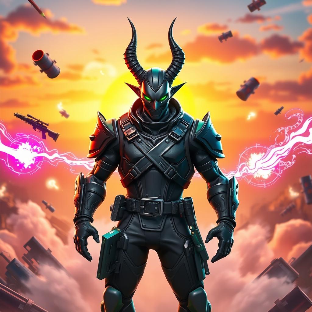 An eye-catching Fortnite thumbnail featuring the Demonio Militar skin, a menacing character clad in sleek, tactical armor with dark green and black accents