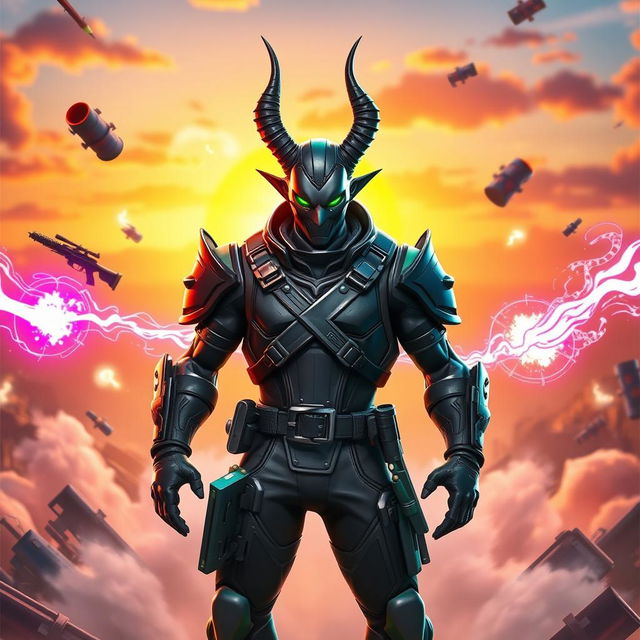 An eye-catching Fortnite thumbnail featuring the Demonio Militar skin, a menacing character clad in sleek, tactical armor with dark green and black accents