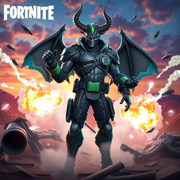 An eye-catching Fortnite thumbnail featuring the Demonio Militar skin, a menacing character clad in sleek, tactical armor with dark green and black accents