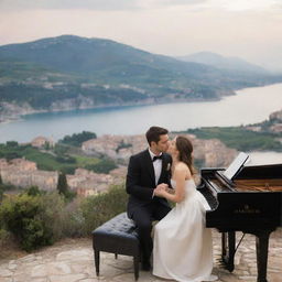 Turn the image into a deeply romantic scene. The couple, aged 28, are now intimately engaging with each other, sharing a bond over the piano keys. The backdrop is an enchantingly aesthetic Italian vista. Everything radiates beauty, charm, and romanticism, with an Italian essence.