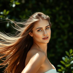 A stunning portrait of a beautiful woman with flowing hair, exuding confidence and freedom