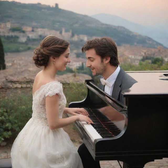 Turn the image into a deeply romantic scene. The couple, aged 28, are now intimately engaging with each other, sharing a bond over the piano keys. The backdrop is an enchantingly aesthetic Italian vista. Everything radiates beauty, charm, and romanticism, with an Italian essence.