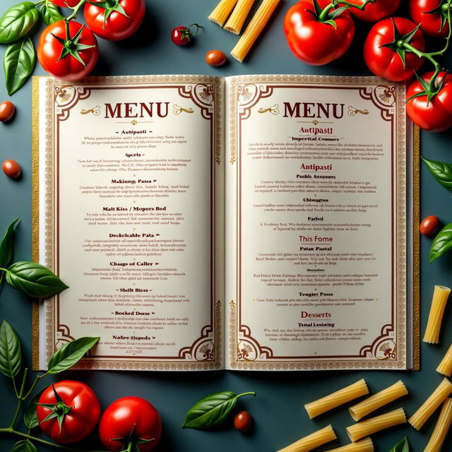 A beautifully designed Italian restaurant menu featuring elegant typography and rich colors