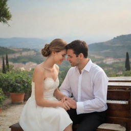 Turn the image into a deeply romantic scene. The couple, aged 28, are now intimately engaging with each other, sharing a bond over the piano keys. The backdrop is an enchantingly aesthetic Italian vista. Everything radiates beauty, charm, and romanticism, with an Italian essence.