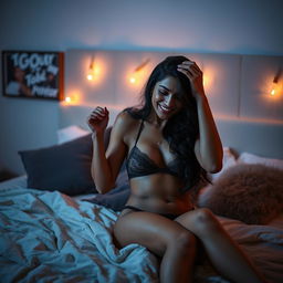 A seductive and beautiful 35-year-old Indian woman in a cozy, dimly lit bedroom, dressed in elegant lingerie, exuding confidence and allure