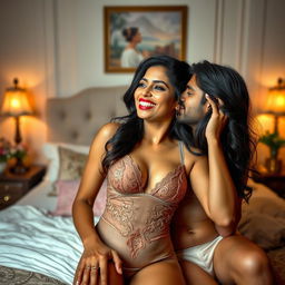 A sensual and attractive 35-year-old Indian woman sharing an intimate moment with her husband in a beautifully decorated bedroom