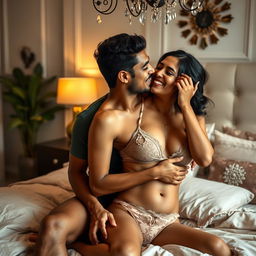 A sensual and attractive 35-year-old Indian woman sharing an intimate moment with her husband in a beautifully decorated bedroom