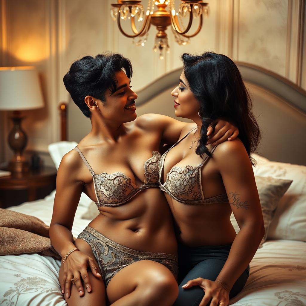 A stunning and alluring 45-year-old Indian woman sharing an intimate moment with her husband in a tastefully decorated bedroom