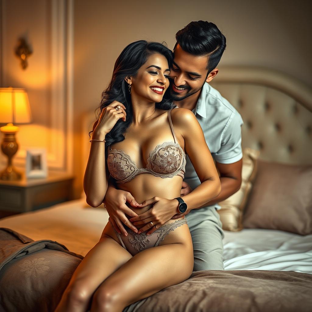 A stunning and alluring 45-year-old Indian woman sharing an intimate moment with her husband in a tastefully decorated bedroom