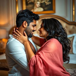 A passionate and intimate scene featuring a 45-year-old Indian woman in a luxurious bedroom, captured in a sensual moment with her husband