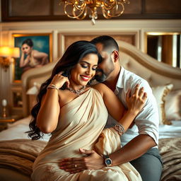 A passionate and intimate scene featuring a 45-year-old Indian woman in a luxurious bedroom, captured in a sensual moment with her husband