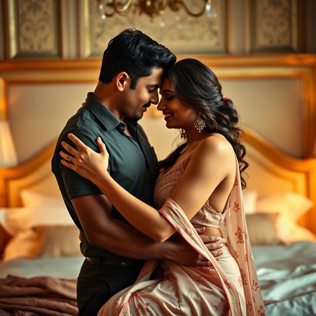 A passionate and intimate scene featuring a 45-year-old Indian woman in a luxurious bedroom, captured in a sensual moment with her husband