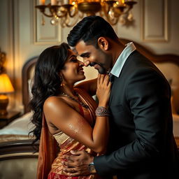 A passionate and intimate scene featuring a 45-year-old Indian woman in a luxurious bedroom, captured in a sensual moment with her husband