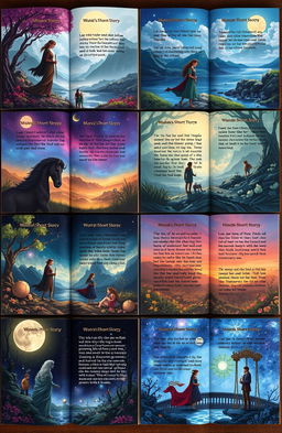 Collection of short stories, featuring various genres such as romance, mystery, and fantasy, illustrated with captivating visuals that represent each story's theme—vivid landscapes, intriguing characters, and magical elements