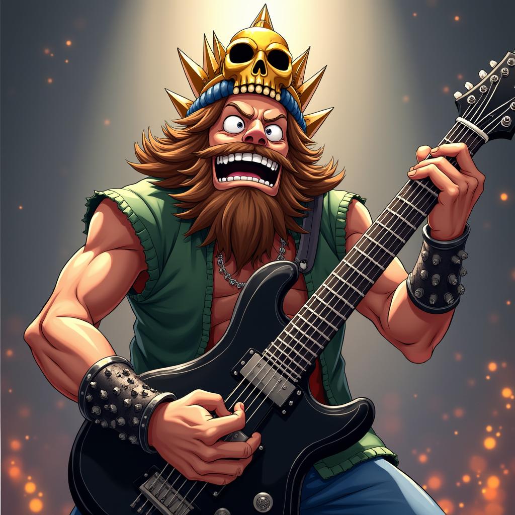 A lively One Piece anime dwarf character, passionately embracing the worlds of death metal and rock 'n roll