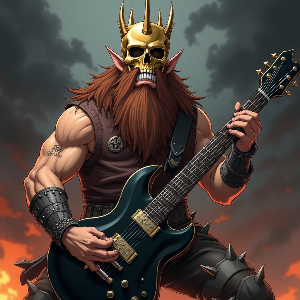 An intense Attack on Titan-inspired anime dwarf character who passionately embraces death metal and rock 'n roll