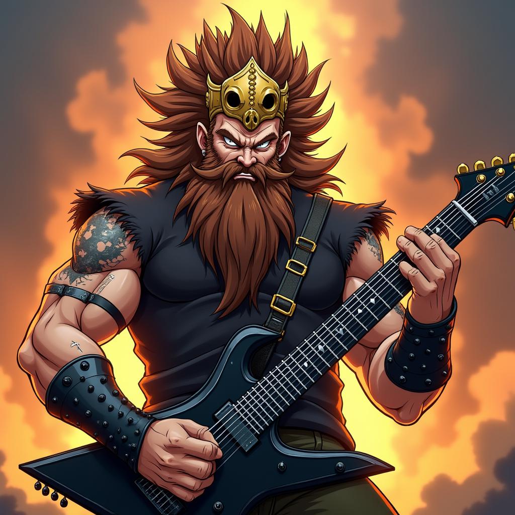 A dynamic Dragon Ball Z anime-inspired dwarf character, infused with a passion for death metal and rock 'n roll