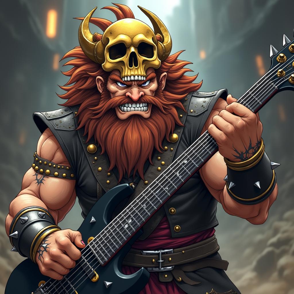 A powerful Dragon Ball Z anime dwarf character infused with a passion for death metal and rock 'n roll