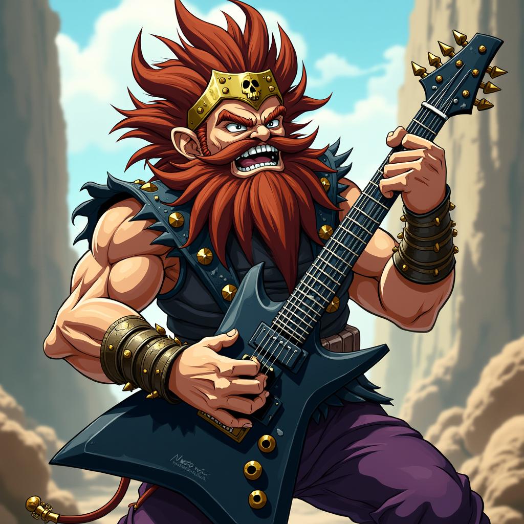 An energetic Dragon Ball Z anime dwarf character infused with a passion for death metal and rock 'n roll