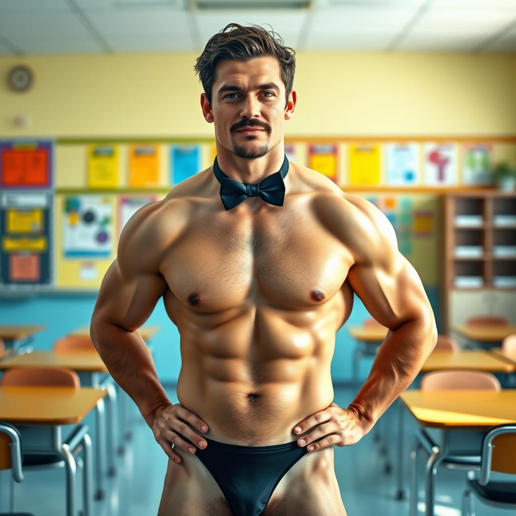 A 24-year-old serious and muscular father figure, sporting a little mustache and wearing a stylish bow tie, confidently posing in a classroom setting