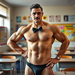 A 24-year-old serious and muscular father figure, sporting a little mustache and wearing a stylish bow tie, confidently posing in a classroom setting