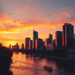 A vibrant city skyline at sunset, with warm orange and pink hues illuminating the sky