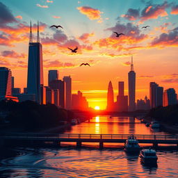 A vibrant city skyline at sunset, with warm orange and pink hues illuminating the sky