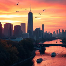 A vibrant city skyline at sunset, with warm orange and pink hues illuminating the sky