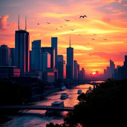 A vibrant city skyline at sunset, with warm orange and pink hues illuminating the sky